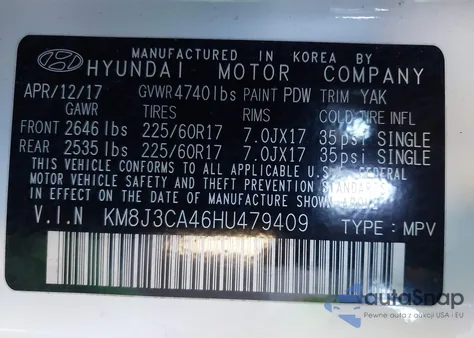 2017 Hyundai Tucson Se z USA, uszkodzony, nr VIN KM8J3CA46HU479409